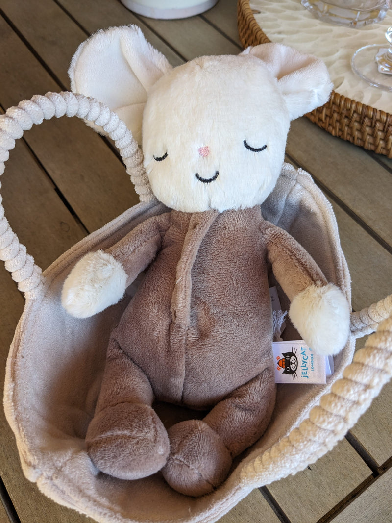 Jellycat© Rock-a-bye sleeping Mouse baby in basket